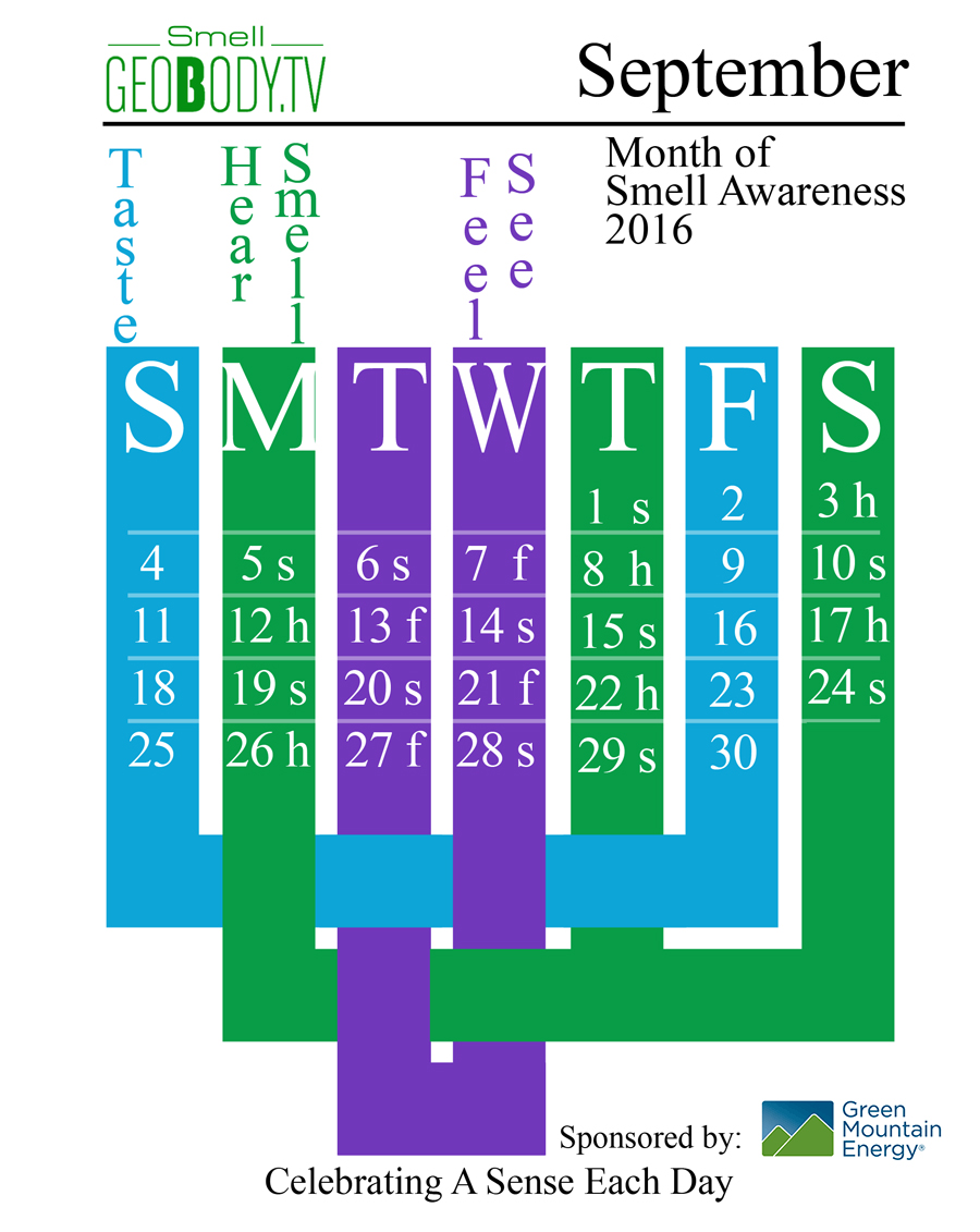  September 2016 Geobody.tv TimeSense Calendar celebrating a sense each day of the week
