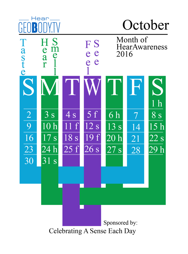  October 2016 Geobody.tv TimeSense Calendar celebrating a sense each day of the week
